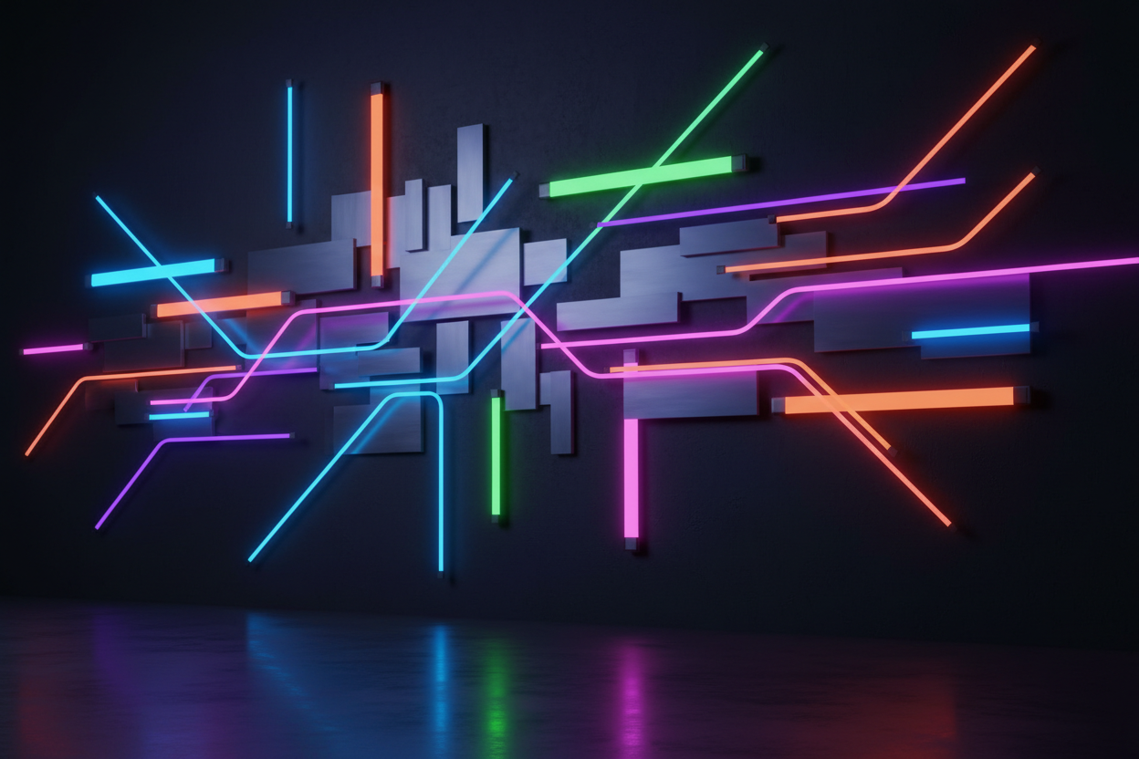 Ge mig en bild på moderna teknologiska led lampor i olika färger som lockar kunder